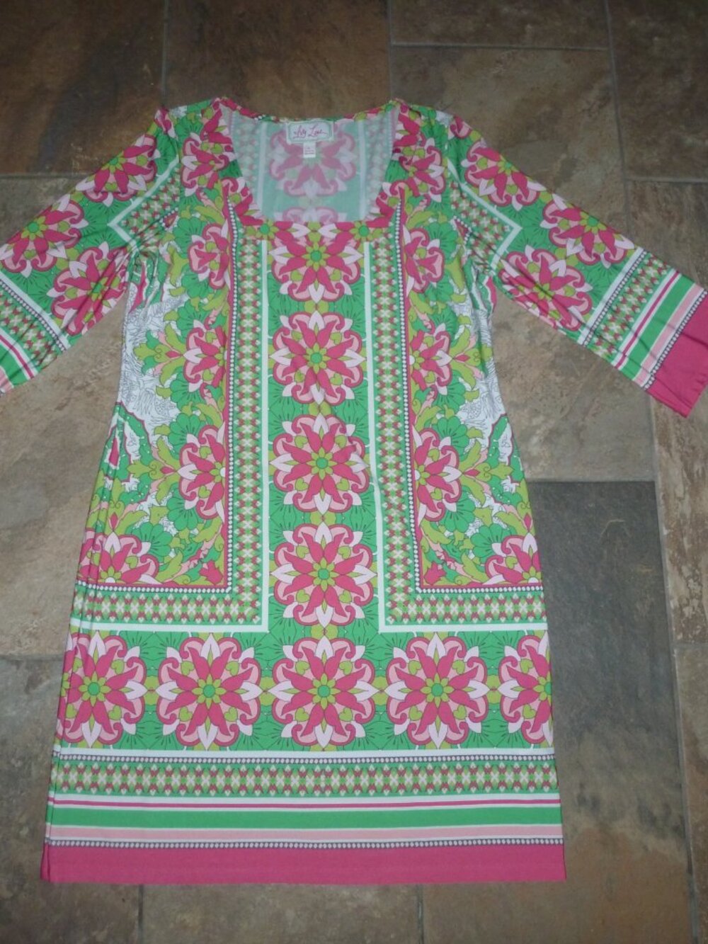 Ivy Lane Knit XL Sheath Resort/summer Dress 3/4 Sleeve Square Neck Pink/Green